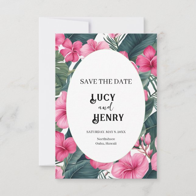 Tropisk Rosa Högtidsblommig Bröllop Spara Datumet (Framsida)
