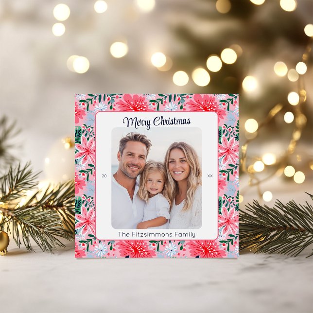 Tropisk Rosa Jul Blommig Foto Julkort (Tropical Pink Floral Christmas Card)