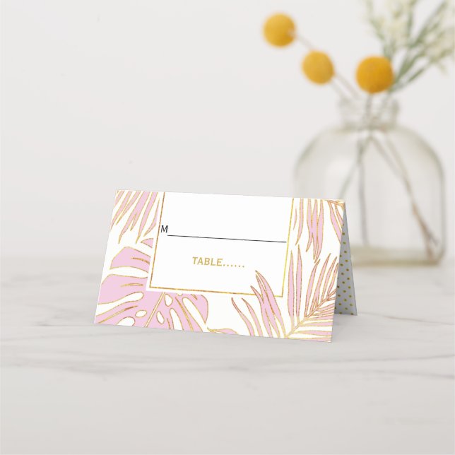 Tropisk rosa löv  modern eskort i bröllop placeringskort (Framsida)
