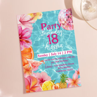 Tropisk Rosa Martini Poolparty Födelsedagsinbjudan Inbjudningar