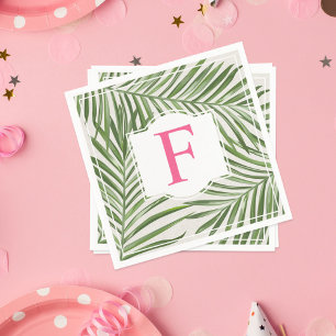 Tropisk Rosa Monogram Grönt Handflatan Löv Pappersservett