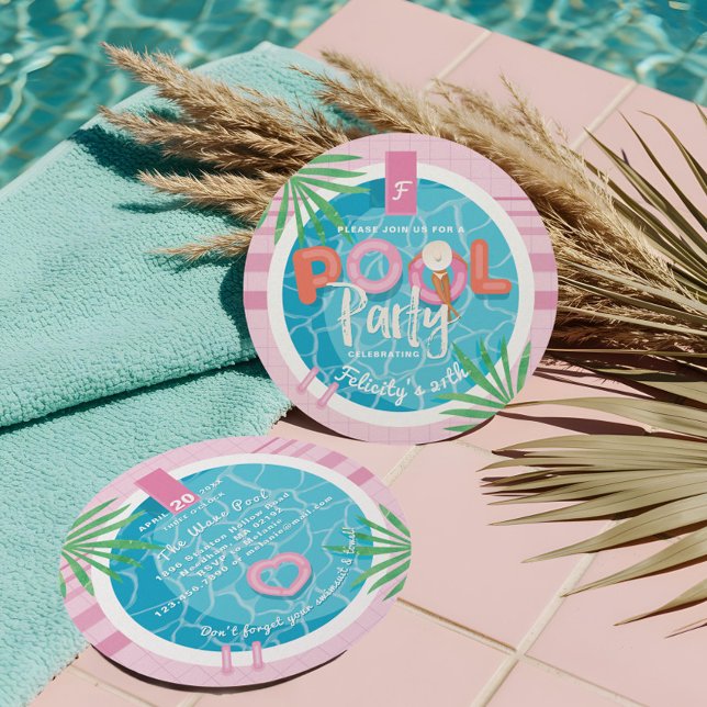 Tropisk Rosa och blå sommarfödelsedag Bassäng Part Inbjudningar (Fun Pink Tropical Palm Summer Pool Party Birthday Invitation)