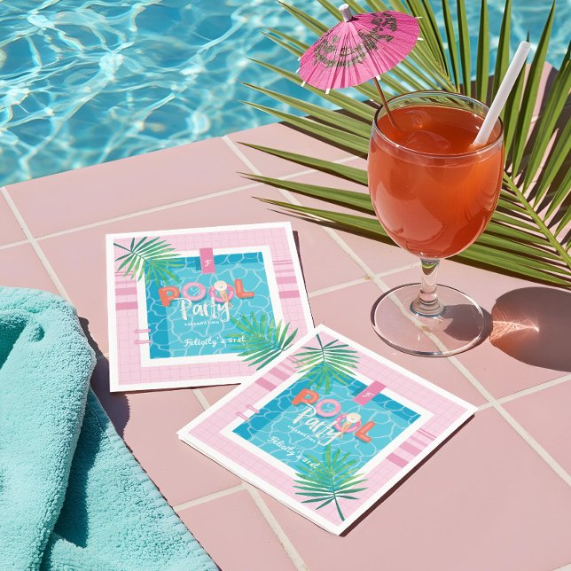 Tropisk Rosa och blå tropisk födelsedag Bassäng Pa Pappersservett (Tropical Pink & Blue Tropical Birthday Pool Party Napkins)