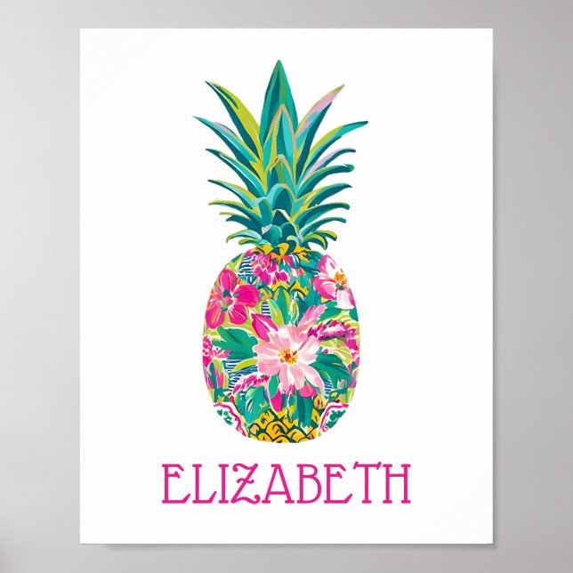Tropisk Rosa och Grön Blommig Ananas Poster (Framsidan)