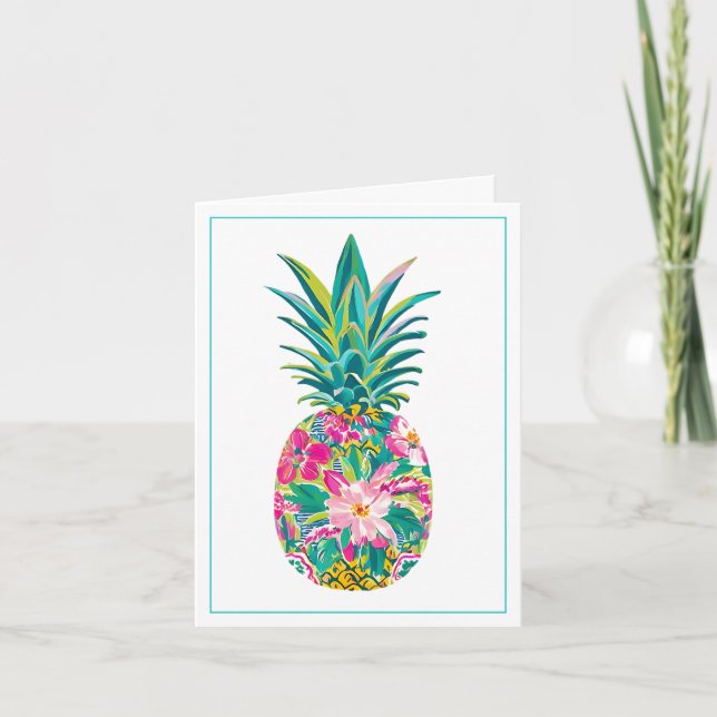 Tropisk Rosa och Grönt Blommigt Ananas Anteckningskort (Framsida)