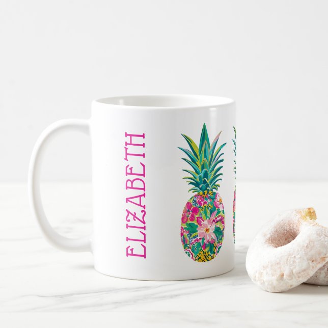 Tropisk Rosa och Grönt Blommigt Ananas Kaffemugg (Med munk)