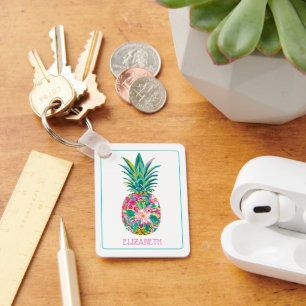 Tropisk Rosa och Grönt Blommigt Ananas Nyckelring