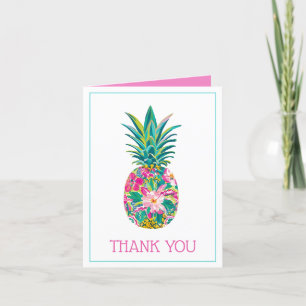 Tropisk Rosa och Grönt Blommigt Ananas Tack Kort