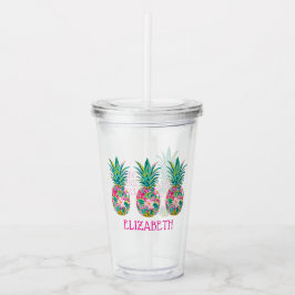 Tropisk Rosa och Grönt Blommigt Ananas Take Away Mugg