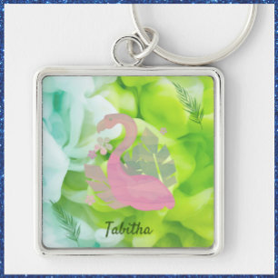 Tropisk Rosa och Grönt Flamingo och Handflatan Fyrkantig Silverfärgad Nyckelring