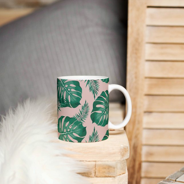Tropisk Rosa och Grönt Handflatan Löv Seamless Mön Kaffemugg (Skapare uppladdad)