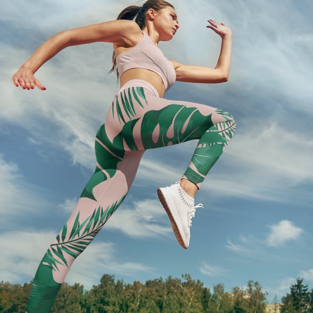 Tropisk Rosa och Grönt Handflatan Löv Seamless Mön Leggings (Skapare uppladdad)
