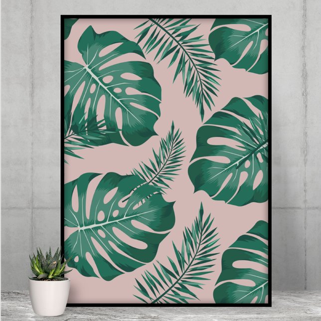 Tropisk Rosa och Grönt Handflatan Löv Seamless Mön Poster (Skapare uppladdad)