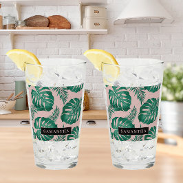 Tropisk Rosa och Grönt Handflatan Löven Mönster &  Glaskopp