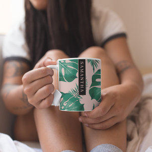 Tropisk Rosa och Grönt Handflatan Löven Mönster & Kaffemugg