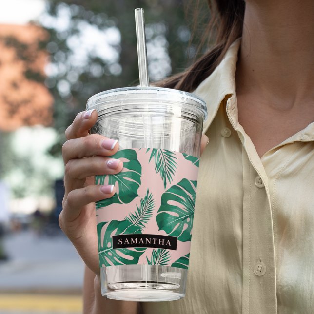 Tropisk Rosa och Grönt Handflatan Löven Mönster &  Take Away Mugg (Skapare uppladdad)