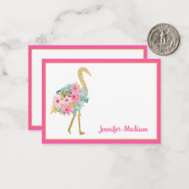 Tropisk Rosa och Guld Flamingos med blommor Anteckningskort