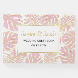 Tropisk rosa och guld löv  det moderna bröllop gästböcker