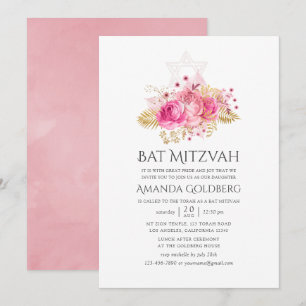Tropisk Rosa och Guld Ros Vattenfärg Bat Mitzvah Inbjudningar