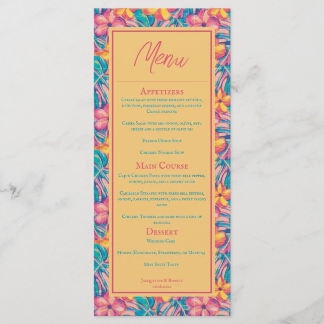 Tropisk Rosa och Gult Blommigt Bröllop Menu Meny (Framsida)