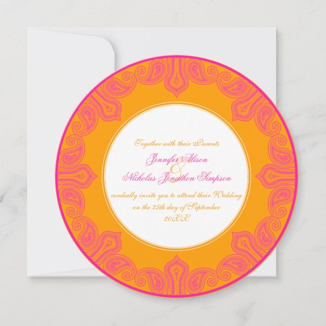 Tropisk Rosa och Orange Paisley Mandala Bröllop Inbjudningar (Framsida)