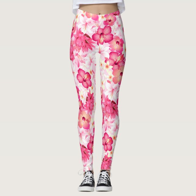 Tropisk rosa och vita blommor leggings (Framsida)