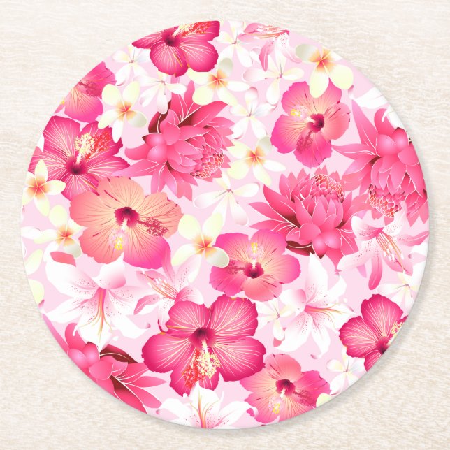 Tropisk rosa och vita blommor underlägg papper rund (Framsidan)