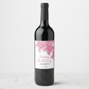 Tropisk Rosa Orchid Flower Grattis på födelsedagen Vinflaska Etikett