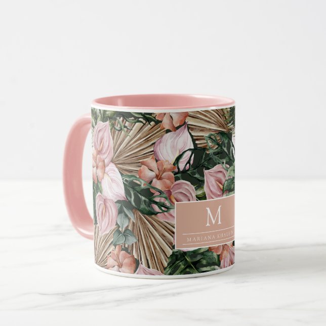 Tropisk Rosa Peache-blommor lämnar djungel Mugg (Framsida vänster)