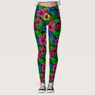 Tropisk Rosa Röd Blå Gul Hibiskus Blomma Leggings