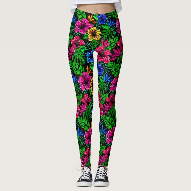 Tropisk Rosa Röd Blå Gul Hibiskus Blomma Leggings (Framsida)