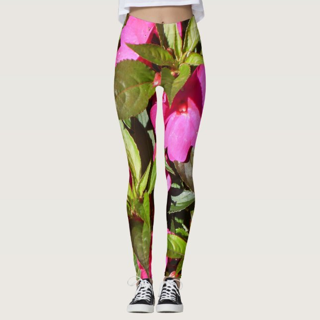 Tropisk Rosa Röd och Grönt Botaniska Påstående Leggings (Framsida)