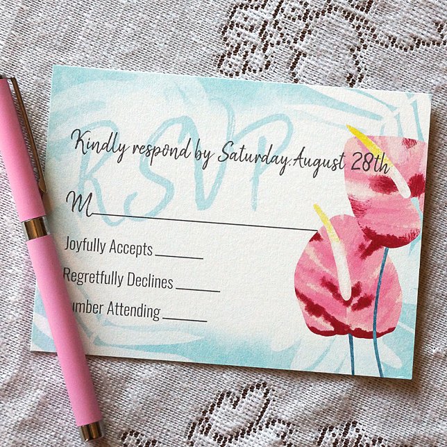 Tropisk Rosa Turquise Bröllop OSA Rådkort (Tropical Wedding RSVP card with Tropical Gumdrop Flowers)