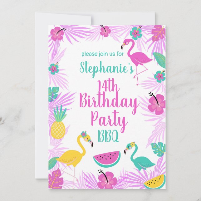 Tropisk Rosa Turquise Handflatan Flamingo Birthday Inbjudningar (Framsida)