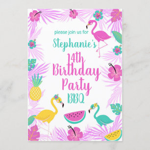 Tropisk Rosa Turquise Handflatan Flamingo Birthday Inbjudningar