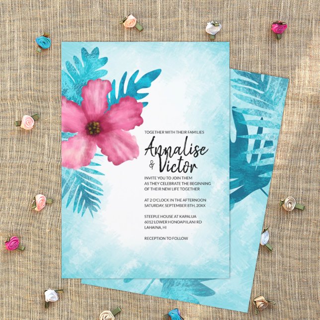 Tropisk Rosa Turquise Hibiscus Island Bröllop Inbjudningar (turquoise and pink tropical wedding invitation card, pink hibiscus flowers, Hawaiian theme)