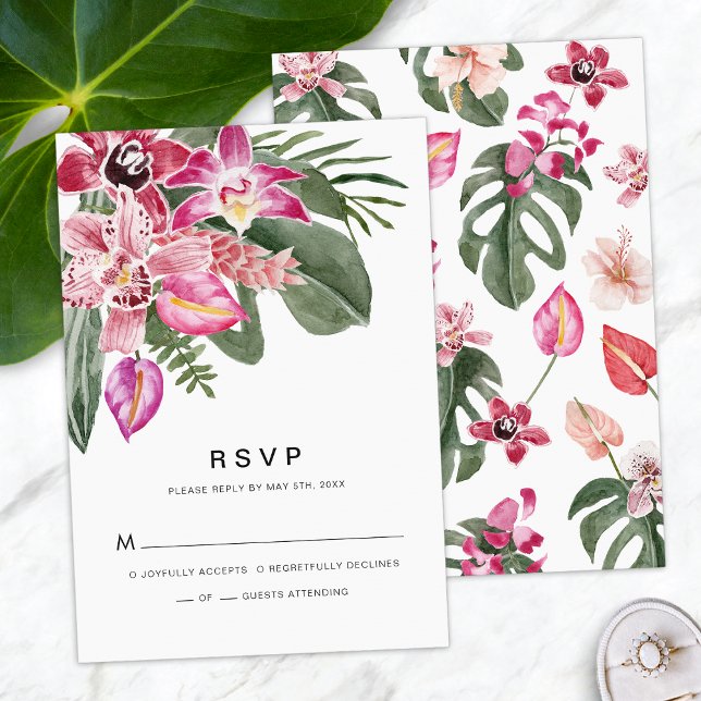 Tropisk RSVP-kort OSA Kort (Tropical Floral Watercolor RSVP Card by Painted Paperie
)