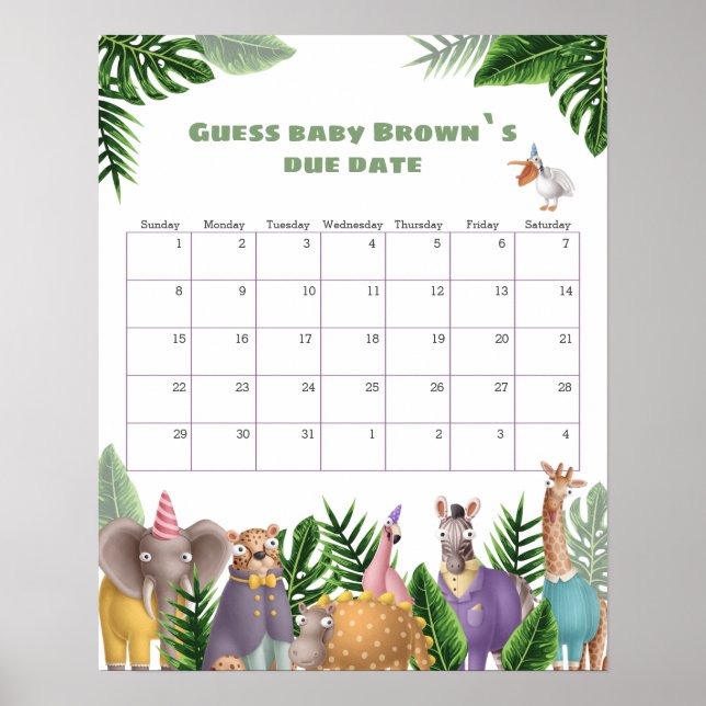 Tropisk Safari Djur Förfallodatum Kalender Poster (Framsidan)