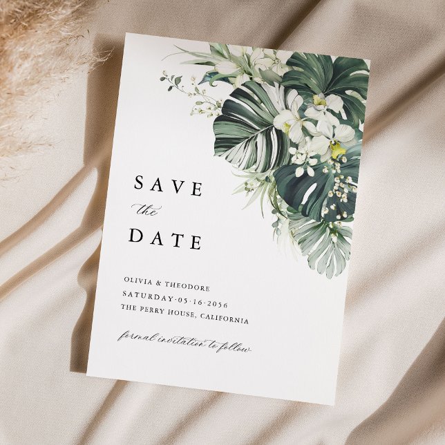 Tropisk Sagegrön Monstera Bröllop Spara Datumet (Tropical save the date sage green monstera floral wedding card destination beach wedding stationery)