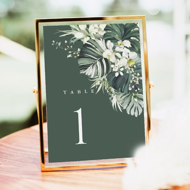 Tropisk Salvia Grön Bröllops Bordnummer, Monstera (Tropical wedding table number card, sage green monstera reception decor, gold frame table numbers)