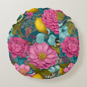 Tropisk sångfågel Rosa Peony & Citrus Sömlös Mönst Rund Kudde