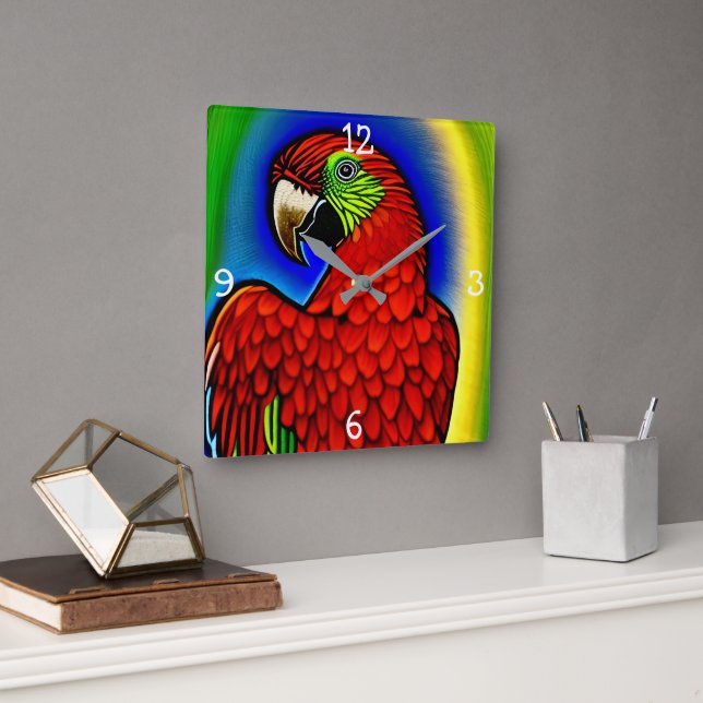 Tropisk skatt: Abstrakt Vibrant Parrot Artwork Fyrkantig Klocka (Kontor)