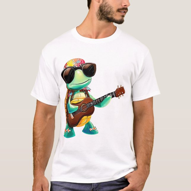 Tropisk sköldpadda med gitarr t shirt (Framsida)