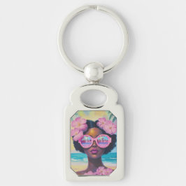 Tropisk skönhet i Rosa Shades Rektangulärt Silverfärgad Nyckelring