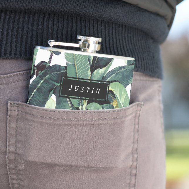 Tropisk slågen in flaska för bananlövpalmträd fickplunta (In Situ)