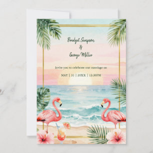 Tropisk solnedgång blommande strand med flamingofl inbjudningar