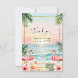 Tropisk solnedgång blommande strand med flamingos  tack kort