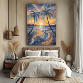 Tropisk solnedgång i pointillistisk stil poster