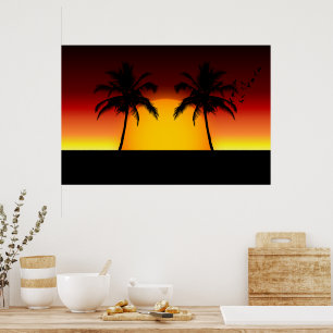 Tropisk solnedgång med palmträd poster
