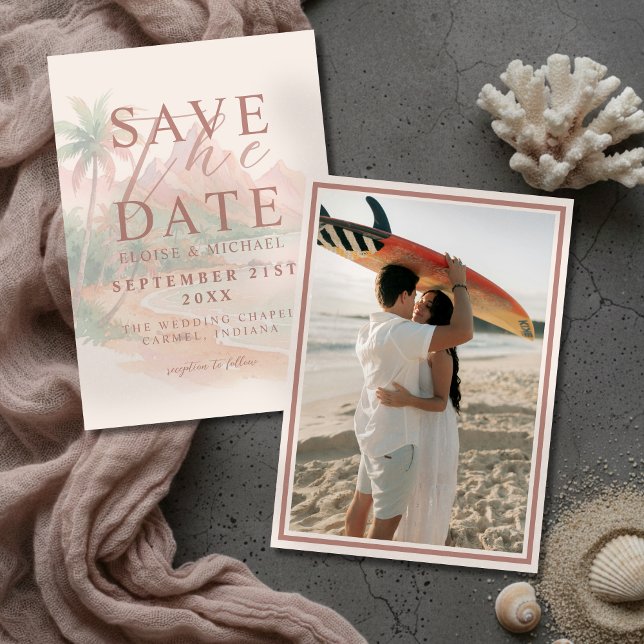 Tropisk solnedgång ö beach foto bröllop spara datumet (Tropical Sunset Island Beach Photo Wedding Save The Date)